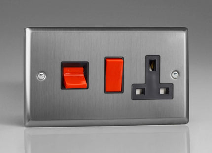 Varilight XT45PB Classic Brushed Steel 45A DP Cooker Switch + 13A Switched Socket