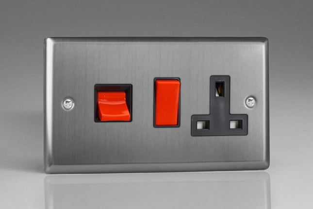 Varilight XT45PB Classic Brushed Steel 45A DP Cooker Switch + 13A Switched Socket