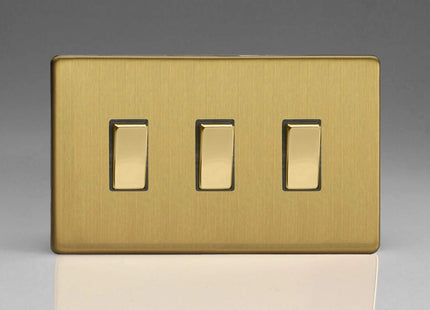 Varilight 3-Gang 10A 1- or 2-Way Rocker Light Switch (Twin Plate) Brushed Brass XDB93S