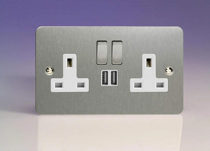 Varilight Ultra Flat Brushed Steel 2-Gang 13 Amp Socket + 2x USB Charging Port White Inserts