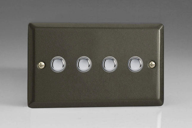 Varilight Classic Graphite, 4 Gang (Quad) 1 or 2 way 6 Amp Push-on Push-off Switch (impulse) with Polished Chrome Switch Buttons