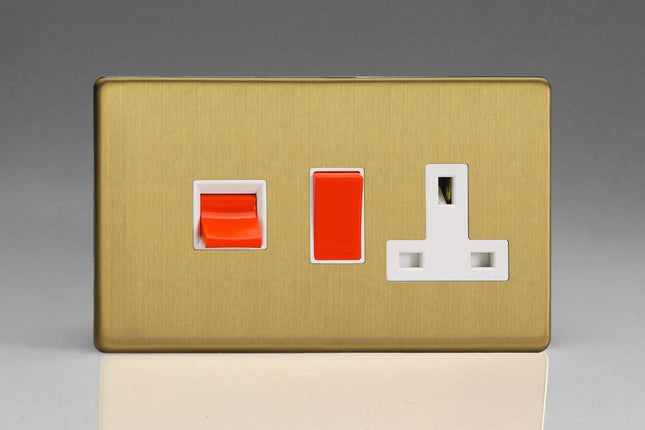 Varilight 45A Cooker Panel with 13A Double Pole Switched Plug Socket Outlet (Red Rocker) Brushed Brass XDB45PWS