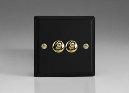 Varilight Vogue Collection Matt Black 2-Gang 1 or 2-Way 10 Amp Toggle Switch with Brass Toggle
