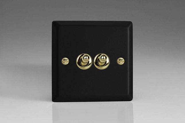Varilight Vogue Collection Matt Black 2-Gang 1 or 2-Way 10 Amp Toggle Switch with Brass Toggle
