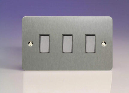 Varilight XFS93D Ultraflat 3 Gang 2 Way Switch with Metal Rocker Brushed Steel, 89x149x25mm