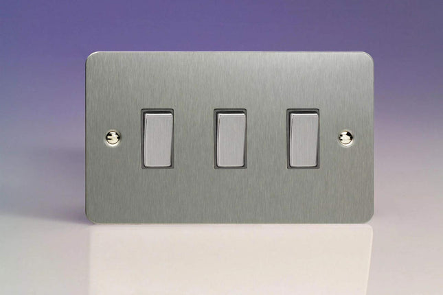 Varilight XFS93D Ultraflat 3 Gang 2 Way Switch with Metal Rocker Brushed Steel, 89x149x25mm