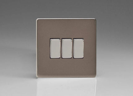 Varilight Flat Plate Screwless Pewter 3 Gang 2-Way 10 Amp Rocker Light Switch