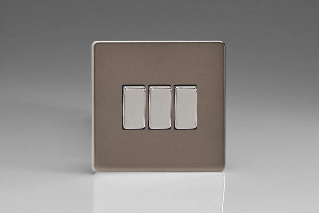Varilight Flat Plate Screwless Pewter 3 Gang 2-Way 10 Amp Rocker Light Switch