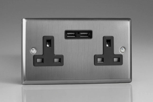 Varilight XT5U2B 13A Socket 2-Gang With USB Brushed Steel Black