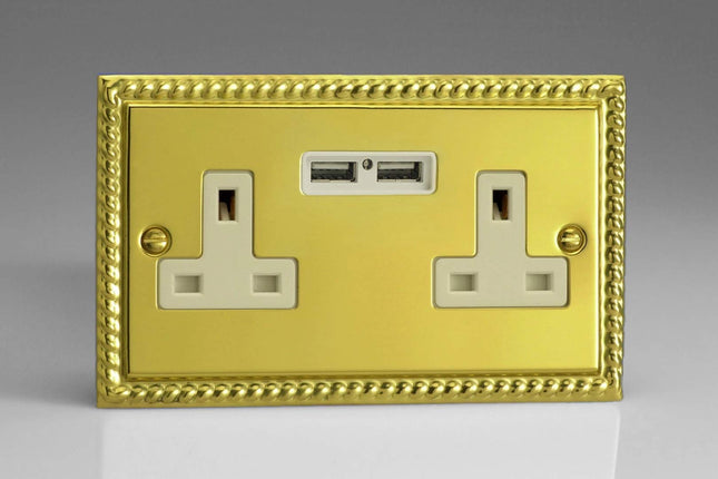 Varilight 2-Gang, 13 Amp Unswitched Socket with 2 Optimised USB Charging Ports, White Insert. Classic Georgian Polished Brass Effect