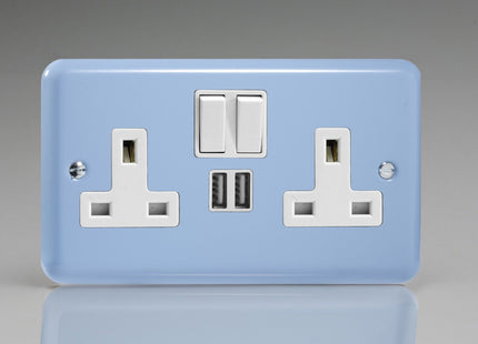 Varilight 2-Gang 13A Double Pole Switched Plug Socket + 2 5V DC 2100mA USB Charging Ports Duck Egg Blue XY5U2SW.DB