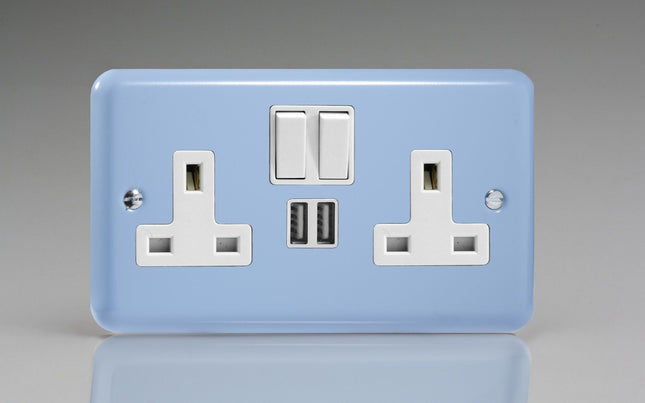 Varilight 2-Gang 13A Double Pole Switched Plug Socket + 2 5V DC 2100mA USB Charging Ports Duck Egg Blue XY5U2SW.DB