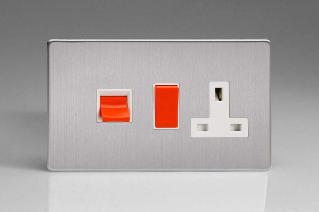 Varilight 45A Cooker Panel with 13A Double Pole Switched Plug Socket Outlet (Red Rocker) Brushed Steel XDS45PWS