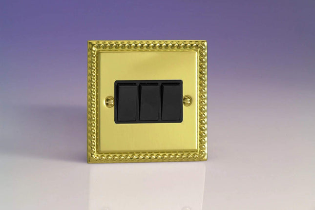 Varilight XG3B Rocker Switches Georgian Brass Black 3 Gang,95x95x25mm