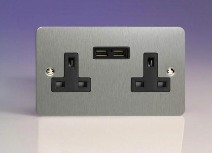 Varilight 2-Gang 13A Unswitched Plug Socket + 2 5V DC 2100mA USB Charging Ports Brushed Steel XFS5U2B