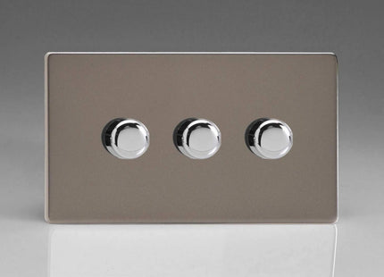 Varilight Pewter Screwless, LED Dimmer Switch V-Pro Series, 3 Gang (Double), 1 or 2 Way, 300 Watt (Trailing Edge)