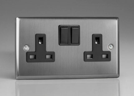 Varilight XT5B 13A Switched Socket Brushed Steel Black 2-Gang