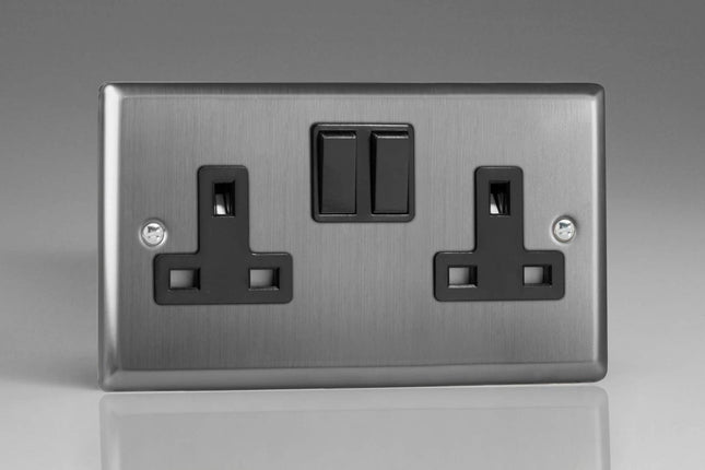 Varilight XT5B 13A Switched Socket Brushed Steel Black 2-Gang