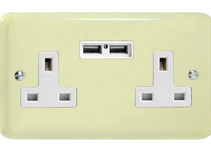 Varilight 2-Gang 13A Unswitched Plug Socket + 2 5V DC 2100mA USB Charging Ports White Chocolate XY5U2W.WC