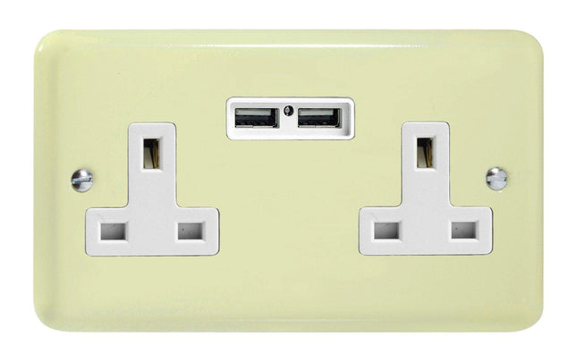 Varilight 2-Gang 13A Unswitched Plug Socket + 2 5V DC 2100mA USB Charging Ports White Chocolate XY5U2W.WC