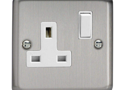 Varilight Classic Matt Chrome 1-Gang 13 Amp Switched Plug Socket White Inserts XS4W