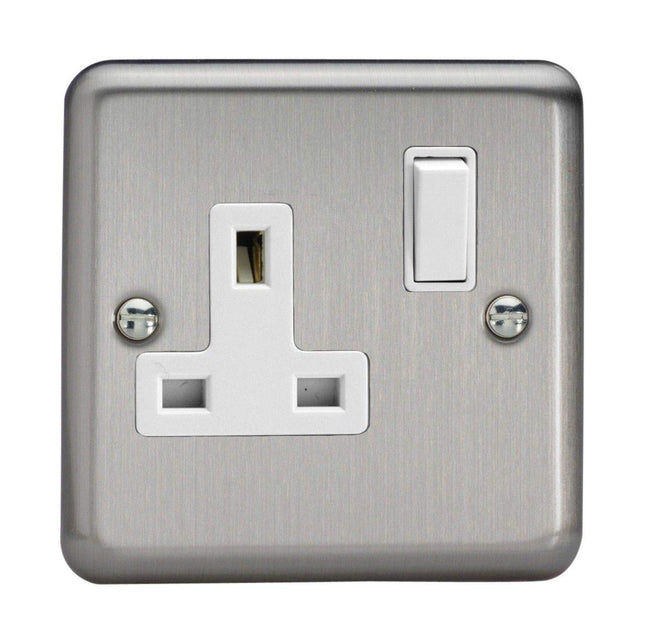 Varilight Classic Matt Chrome 1-Gang 13 Amp Switched Plug Socket White Inserts XS4W