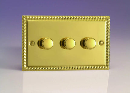 Varilight Classic V-Pro Georgian Brass 3 Gang LED Trailing Edge Dimmer Switch 1 or 2 Way