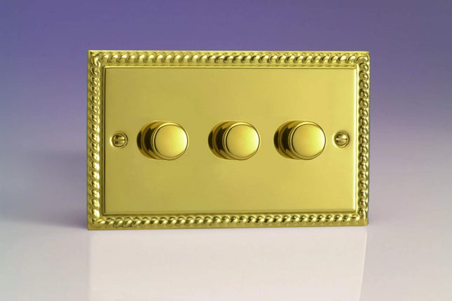 Varilight Classic V-Pro Georgian Brass 3 Gang LED Trailing Edge Dimmer Switch 1 or 2 Way