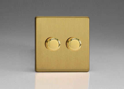 Varilight V-Pro Screwless Brushed Brass 2-Gang LED Trailing Edge Dimmer Switch 1 or 2 Way