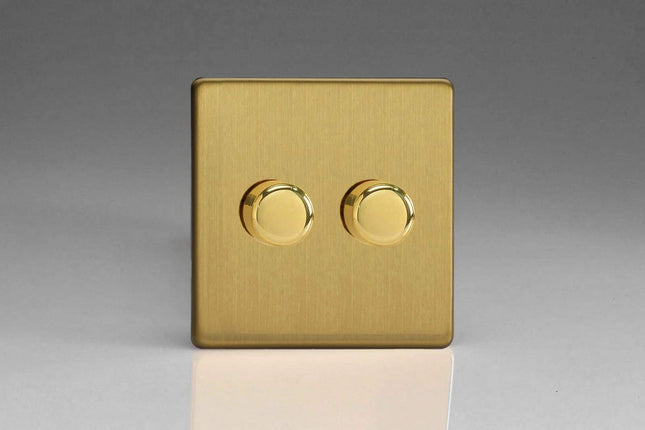 Varilight V-Pro Screwless Brushed Brass 2-Gang LED Trailing Edge Dimmer Switch 1 or 2 Way