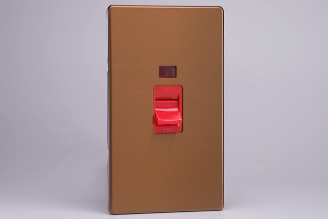 Varilight XDY45NS.BZ Screwless Brushed Bronze 45A DP Cooker Switch Vertical Twin Plate + Neon
