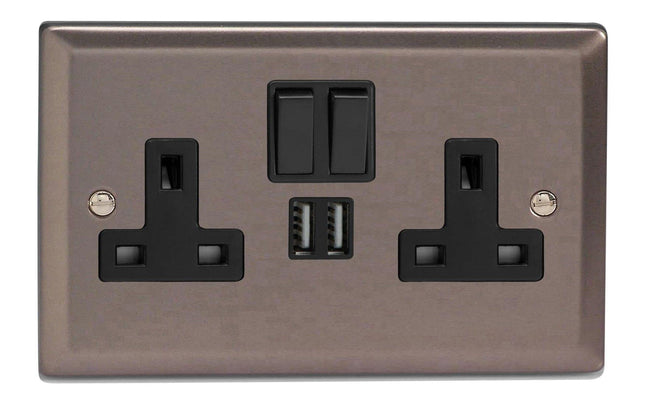 Varilight XR5U2SB 13A Socket 2-Gang With USB Pewter Effect Black