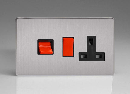 Varilight 45A Cooker Panel with 13A Double Pole Switched Plug Socket Outlet (Red Rocker) Brushed Steel XDS45PBS