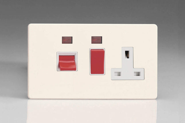 Varilight Primed Ready to Paint Flat Plate Screwless 45 Amp Cooker Switch & 13A Plug Socket with Neon