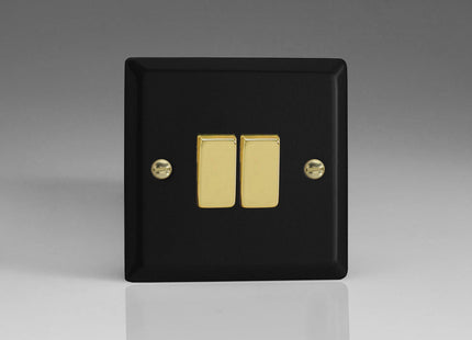 Varilight Vogue Collection Matt Black 2-Gang 1 or 2-Way 10 Amp Switch with Brass Rockers