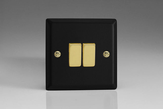 Varilight Vogue Collection Matt Black 2-Gang 1 or 2-Way 10 Amp Switch with Brass Rockers