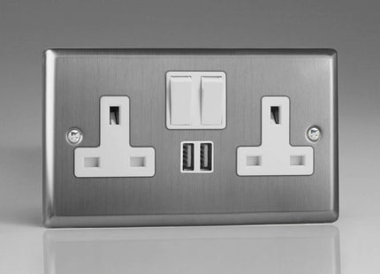 Varilight XT5U2SW Classic Brushed Steel 2-Gang Double 13A Switched Plug Socket 2.1A USB