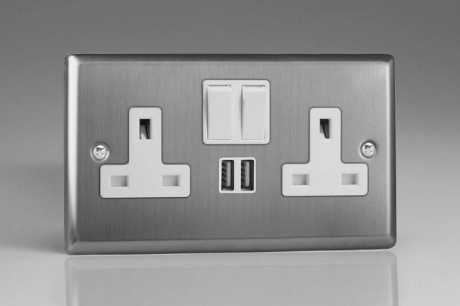 Varilight XT5U2SW Classic Brushed Steel 2-Gang Double 13A Switched Plug Socket 2.1A USB