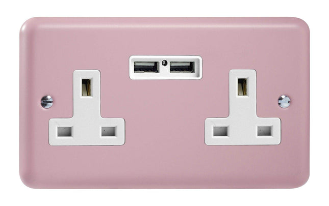 Varilight 2-Gang 13A Unswitched Plug Socket + 2 5V DC 2100mA USB Charging Ports Rose Pink XY5U2W.RP