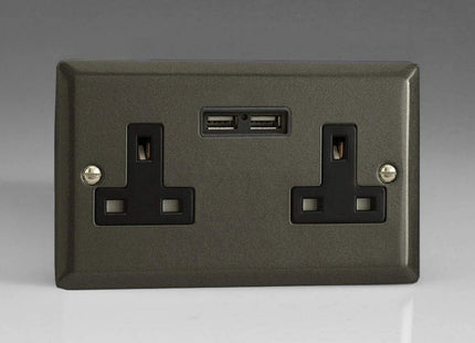 Varilight 2-Gang, 13 Amp Unswitched Socket with 2 Optimised USB Charging Ports, Black Insert. Classic Graphite