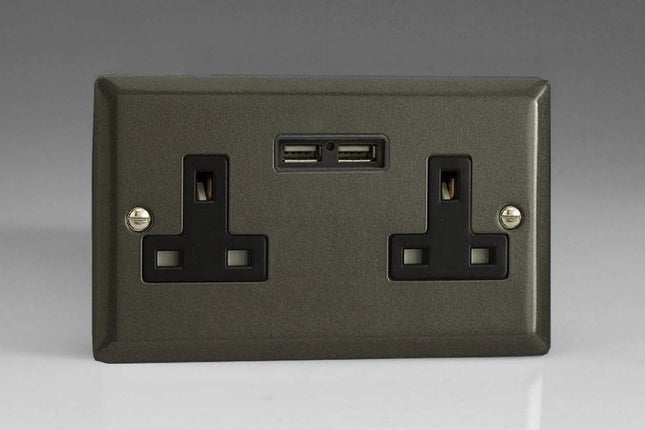 Varilight 2-Gang, 13 Amp Unswitched Socket with 2 Optimised USB Charging Ports, Black Insert. Classic Graphite