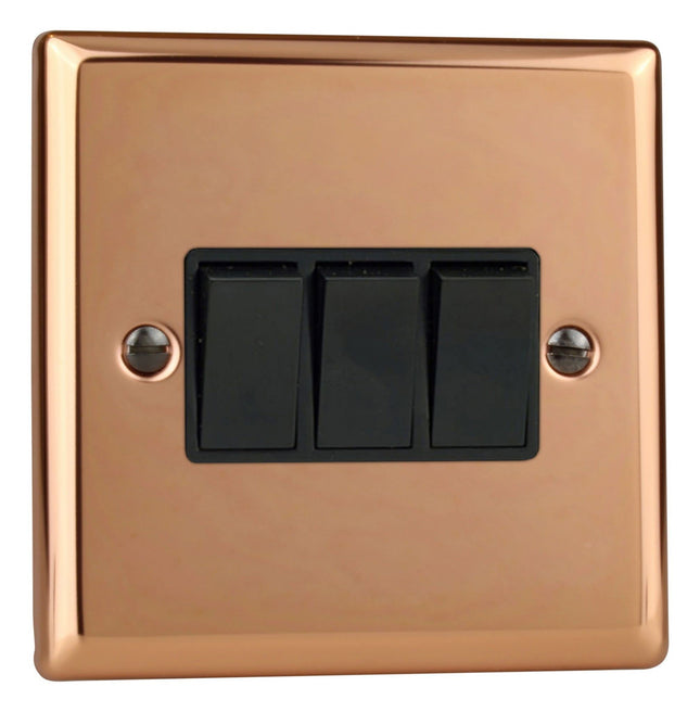 Varilight XY3B.CU Light Switch 3 Gang 2 Way 10 Amp Polished Copper (Black Inserts)