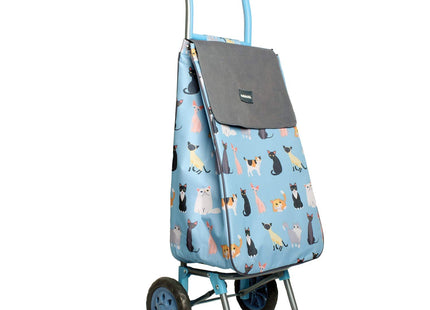 Sabichi Crazy Cats Blue 2 Wheel Shopping Trolley Thermal Insulation Liner and Trolley Hanger Folding Shopping Trolley 40ltr Capacity 94 x 33 x 22cm