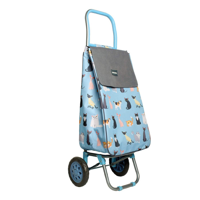 Sabichi Crazy Cats Blue 2 Wheel Shopping Trolley Thermal Insulation Liner and Trolley Hanger Folding Shopping Trolley 40ltr Capacity 94 x 33 x 22cm