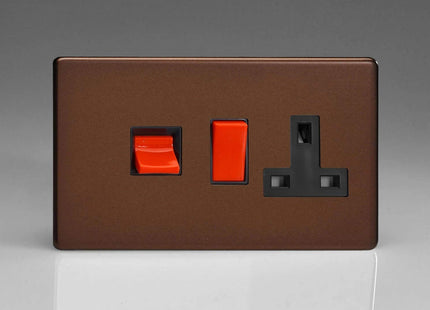 Varilight Flat Plate Screwless Mocha 45A Cooker Switch & 13A Plug Socket With Neon Black Insert XDM45PNBS