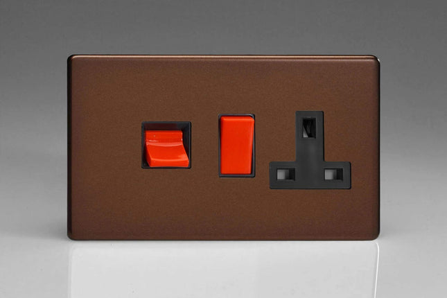 Varilight Flat Plate Screwless Mocha 45A Cooker Switch & 13A Plug Socket With Neon Black Insert XDM45PNBS