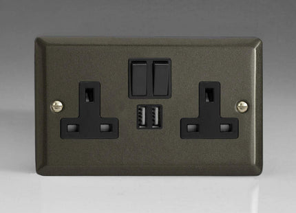 Varilight Classic Graphite 2-Gang 13 Amp Socket + 2x USB Charging Port Black Inserts & Black Switches
