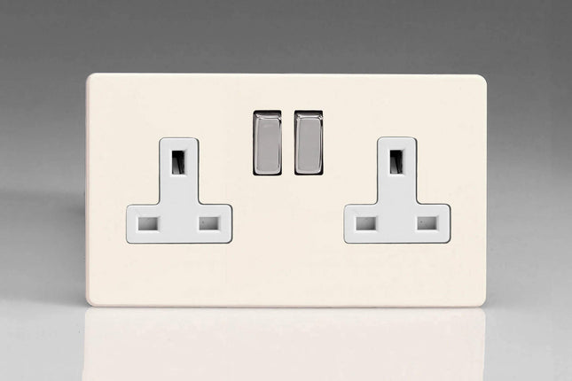 Varilight Primed Ready to Paint Flat Plate Screwless 2-Gang 13 Amp Switched Plug Socket White Inserts