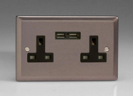 Varilight 2-Gang, 13 Amp Unswitched Socket with 2 Optimised USB Charging Ports, Black Insert. Classic Polished Chrome