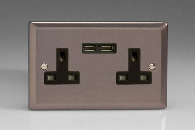 Varilight 2-Gang, 13 Amp Unswitched Socket with 2 Optimised USB Charging Ports, Black Insert. Classic Polished Chrome